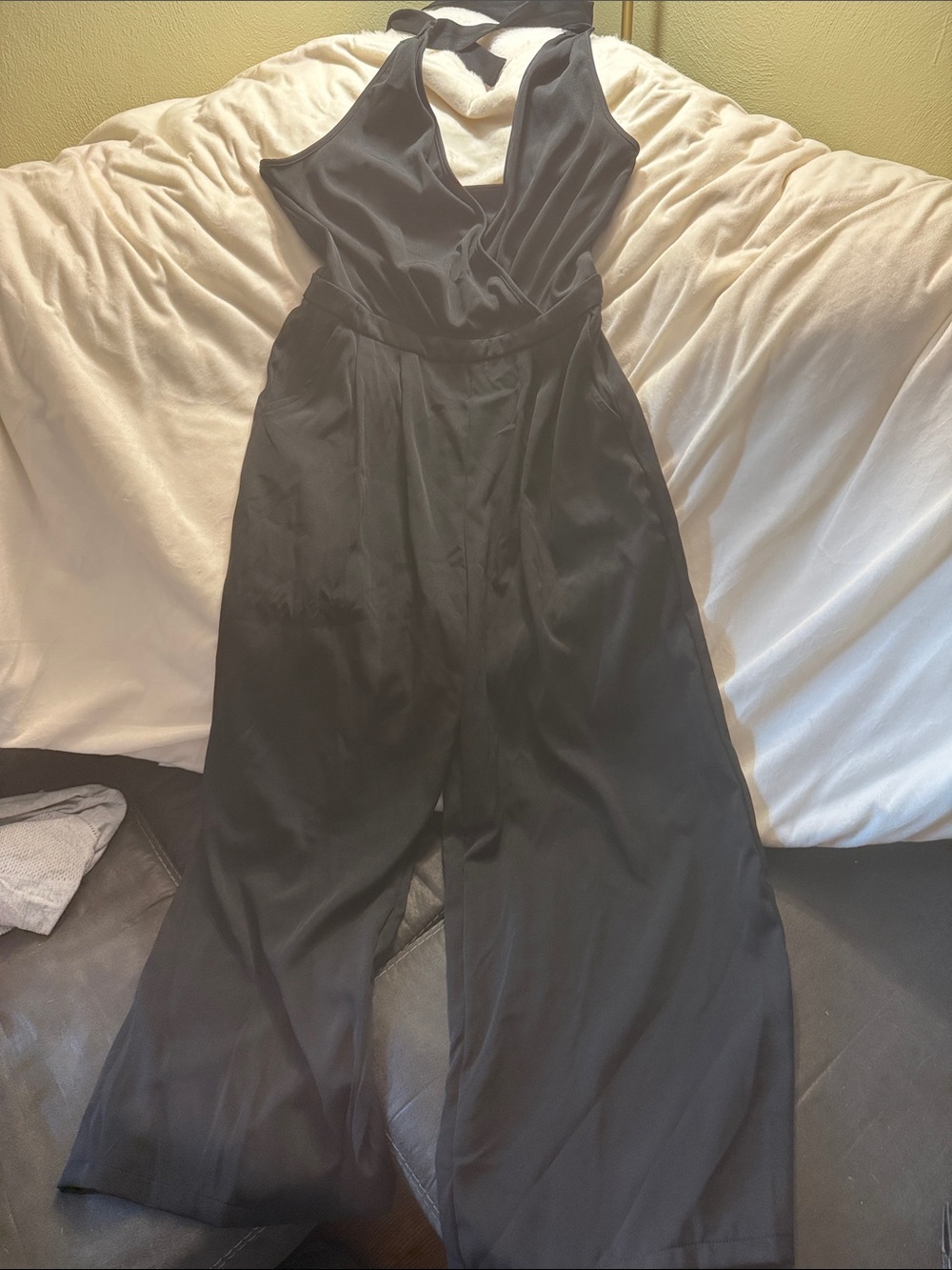SHEIN Black Halter Wide-Leg Satin Jumpsuit